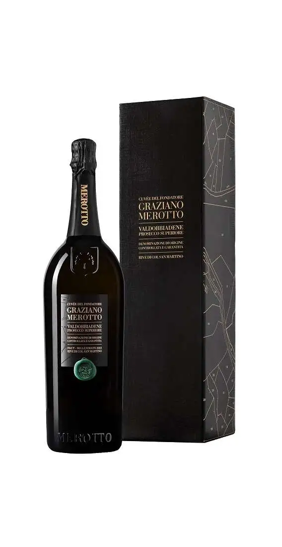 Magnum 1,5 Liter Valdobbiadene Prosecco Superiore Brut Rive Cuvée del Fondatore „Graziano Merotto“ DOCG verpackt Merotto