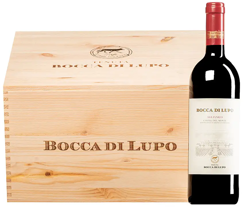 “Bocca di Lupo” Aglianico Castel del Monte DOC 2018 (BIO) · 6 Flaschen in Original-Holzkiste